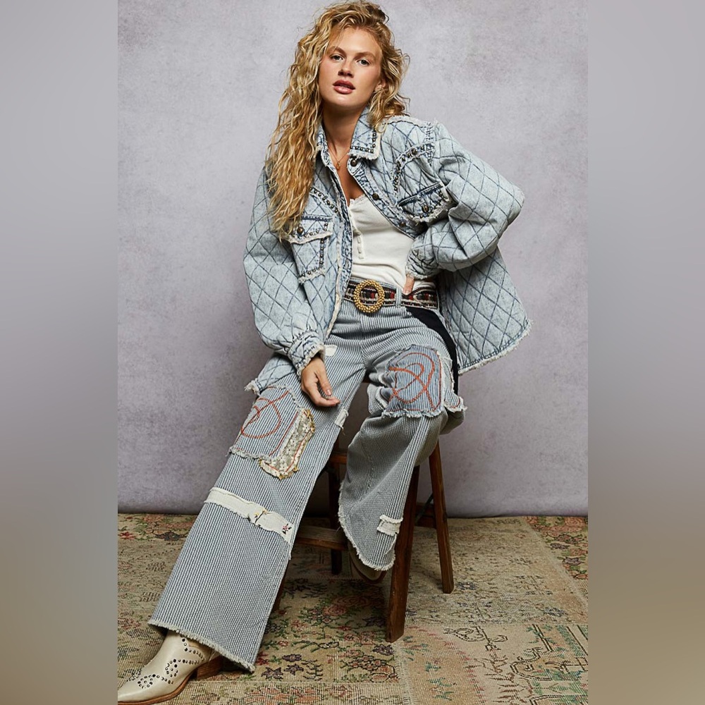 P03 Last 1 New POL Quilted Denim Jacket with Studded Details - Picture 6 of 7